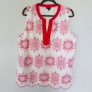 Talbots Pink and White Embroidered Medallian Split Neck Sleeveless Tunic